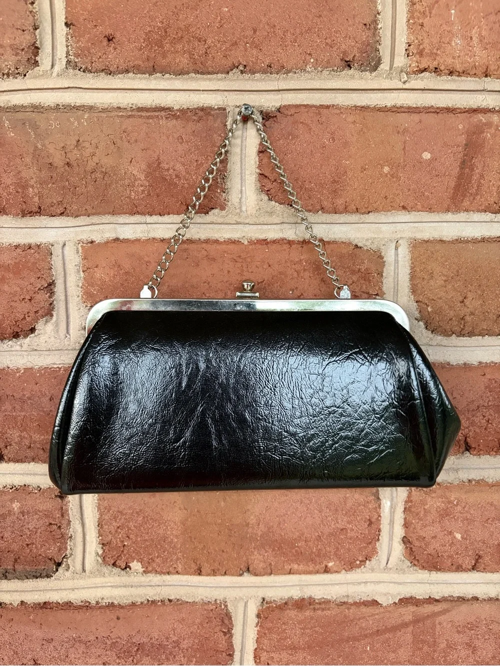 Vintage Black Patent Clutch with Silver Chain